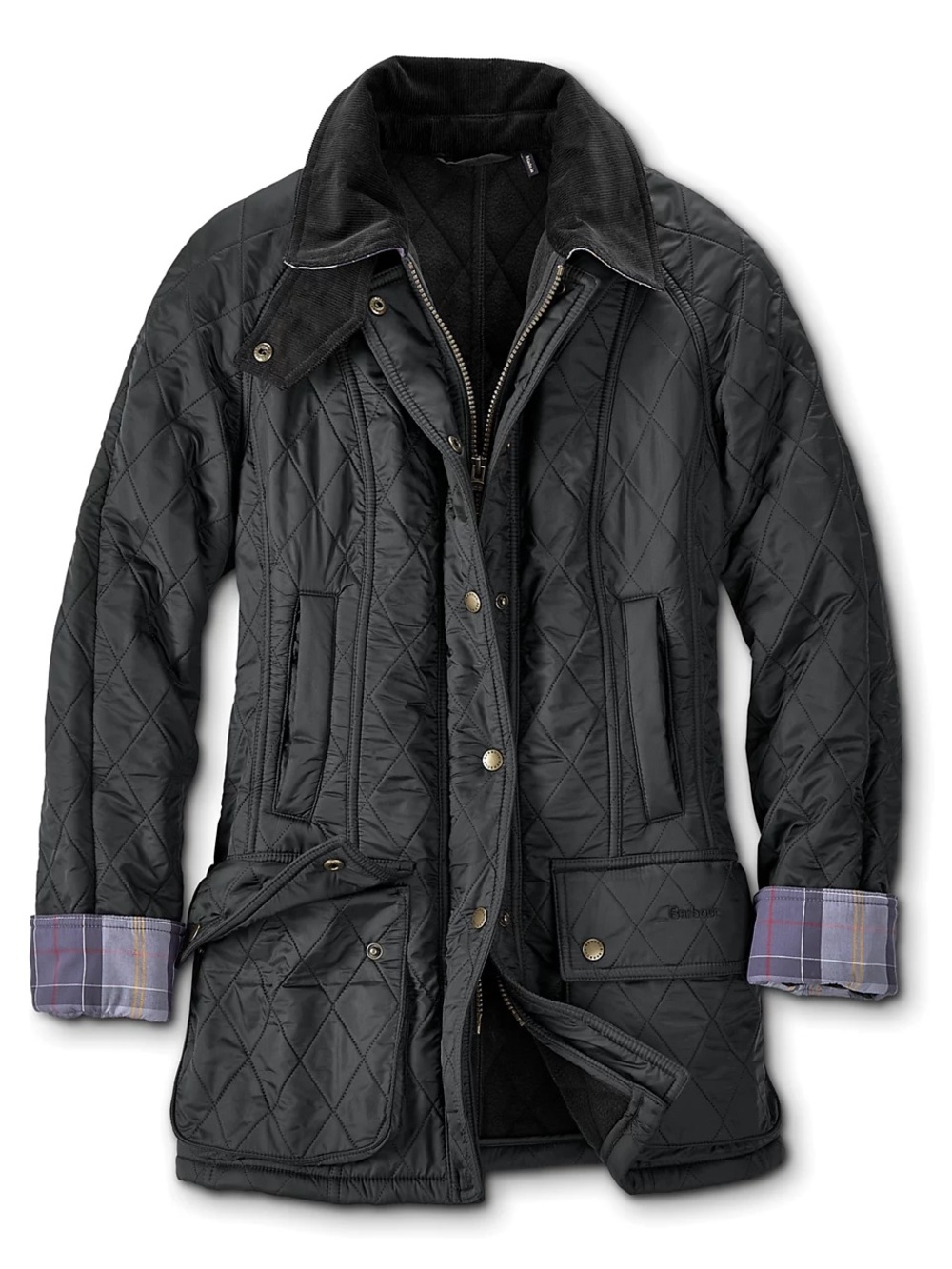 Barbour Black Quilted Women's Jacket with Plaid Cuff Detail
